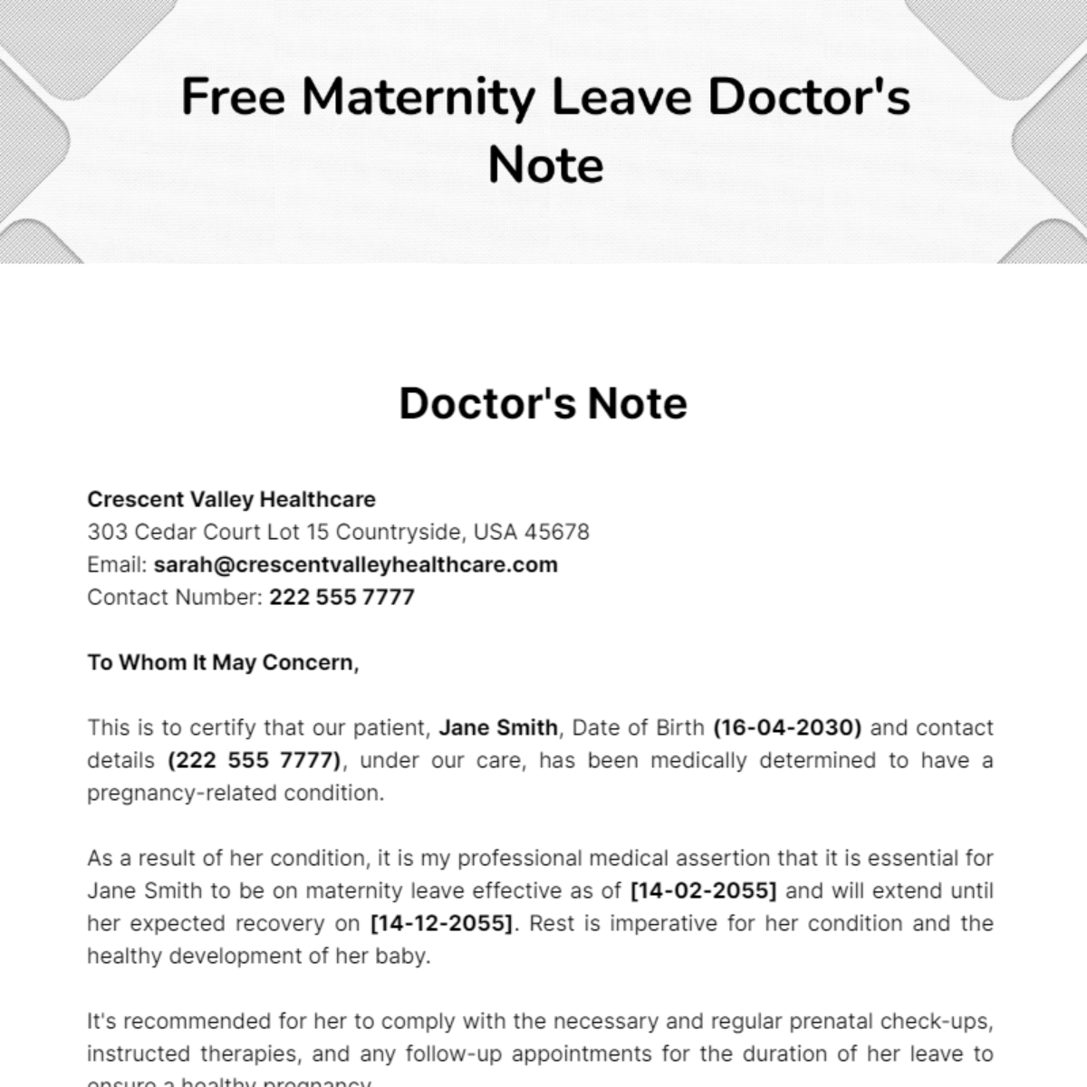 Maternity Leave Doctor's Note Template