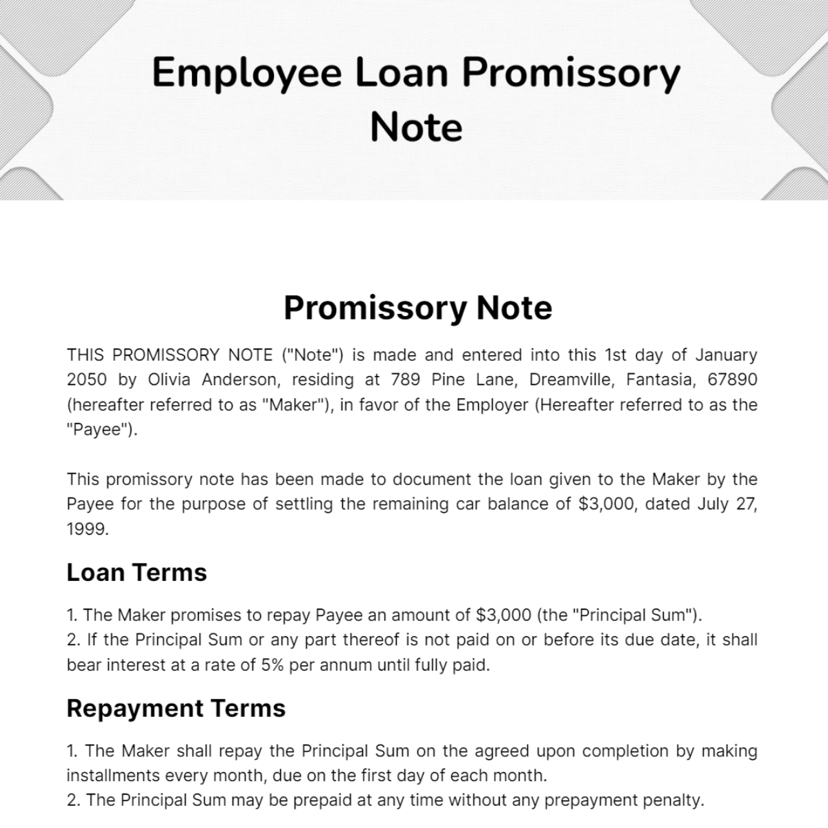 Employee Loan Promissory Note Template