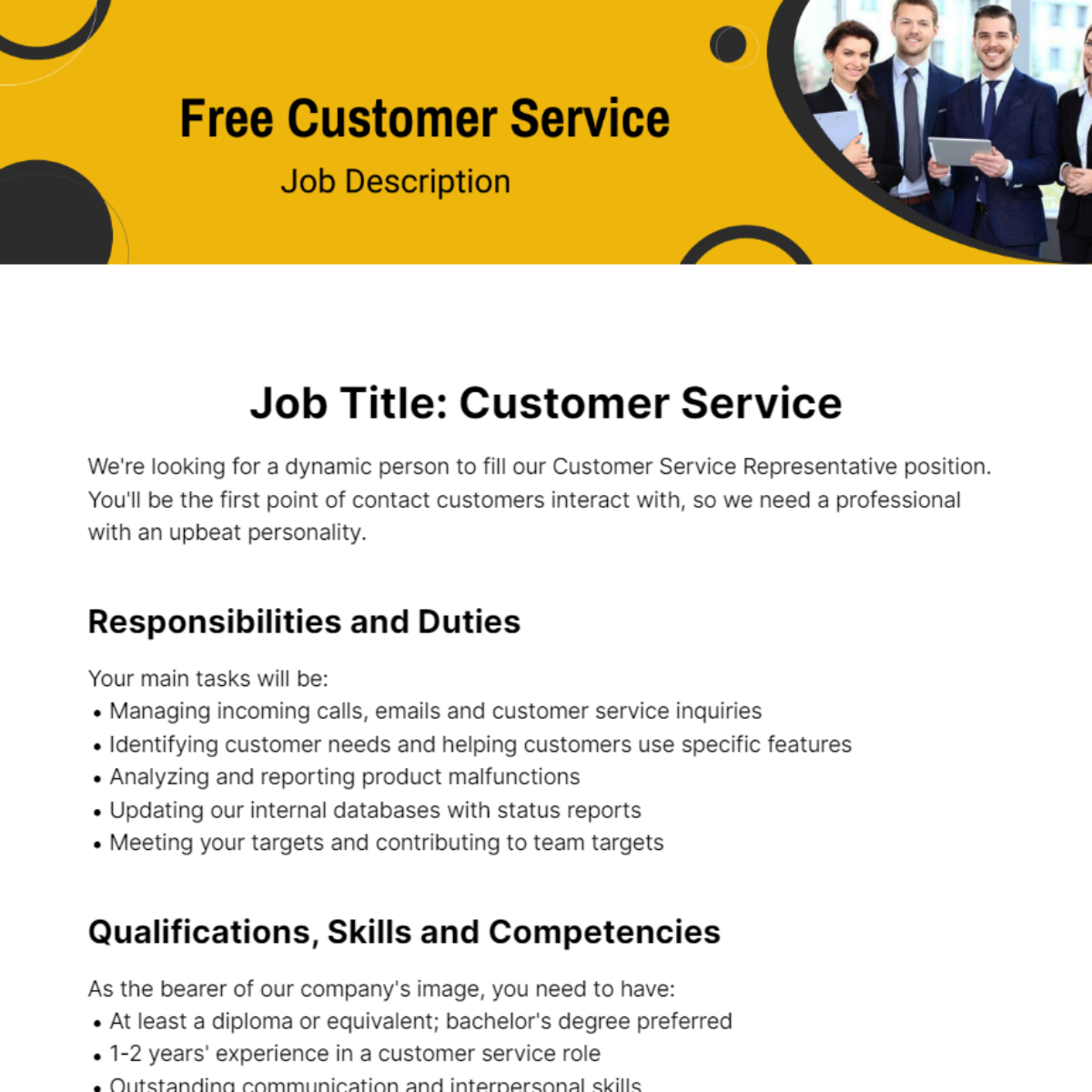 Customer Service Job Description Template