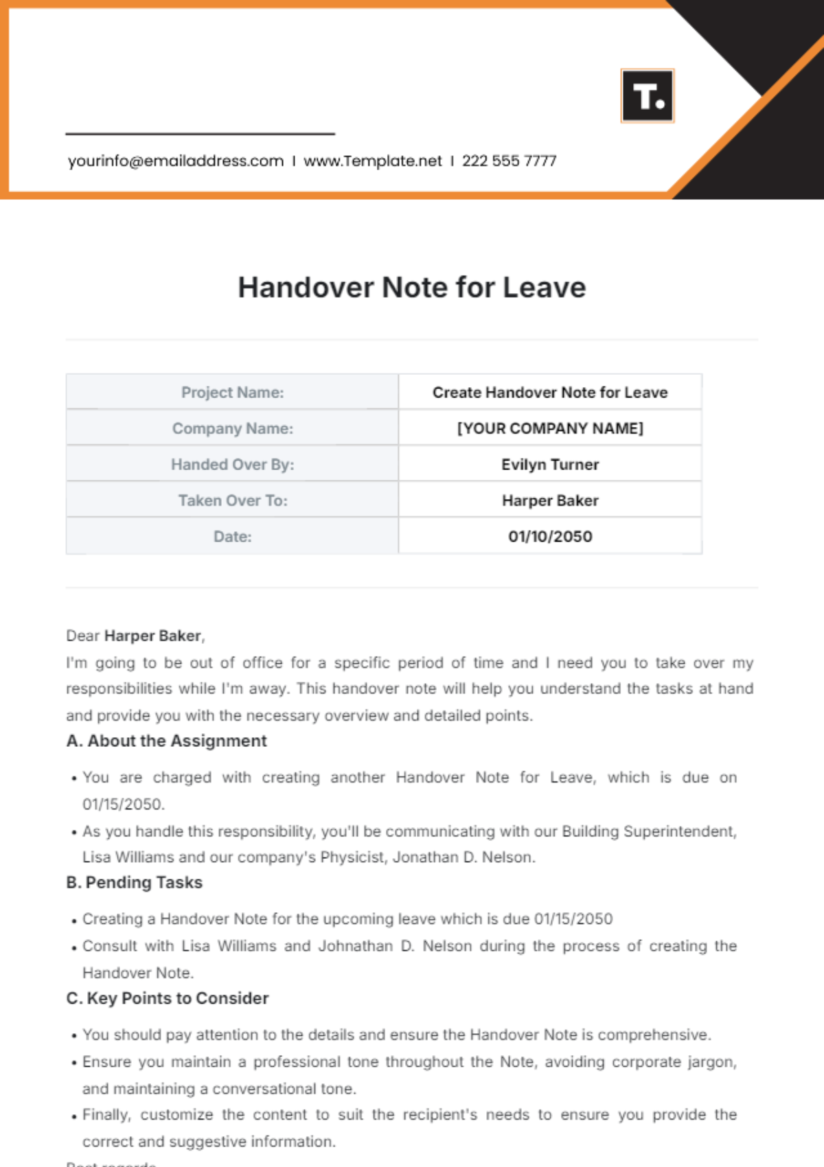 Handover Note for Leave Template