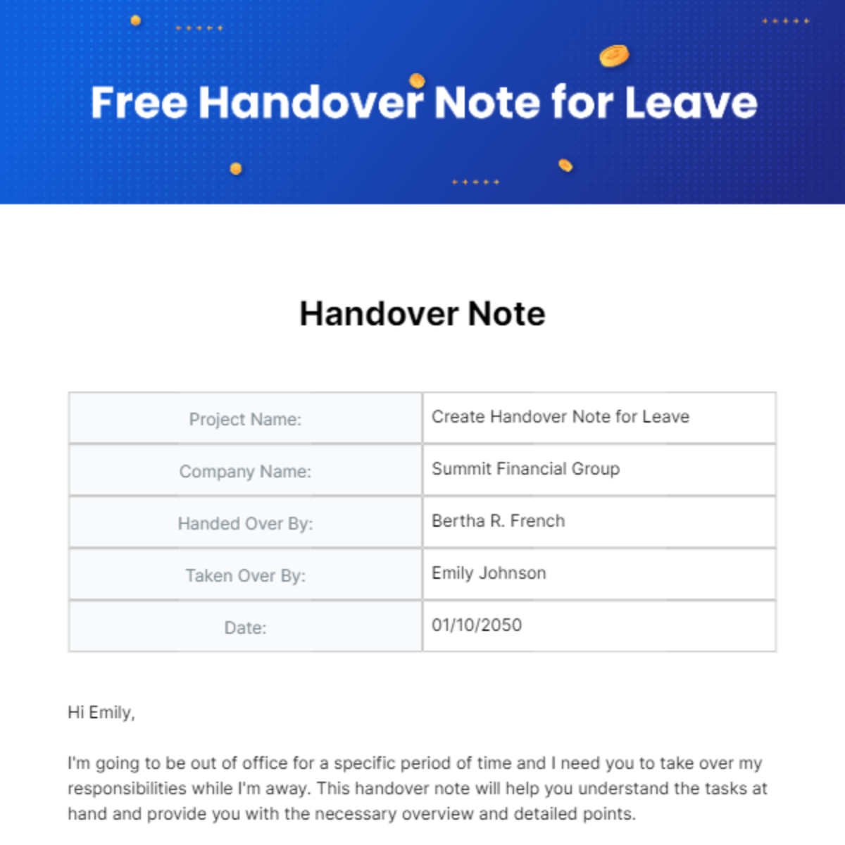 Free Handover Note for Leave Template