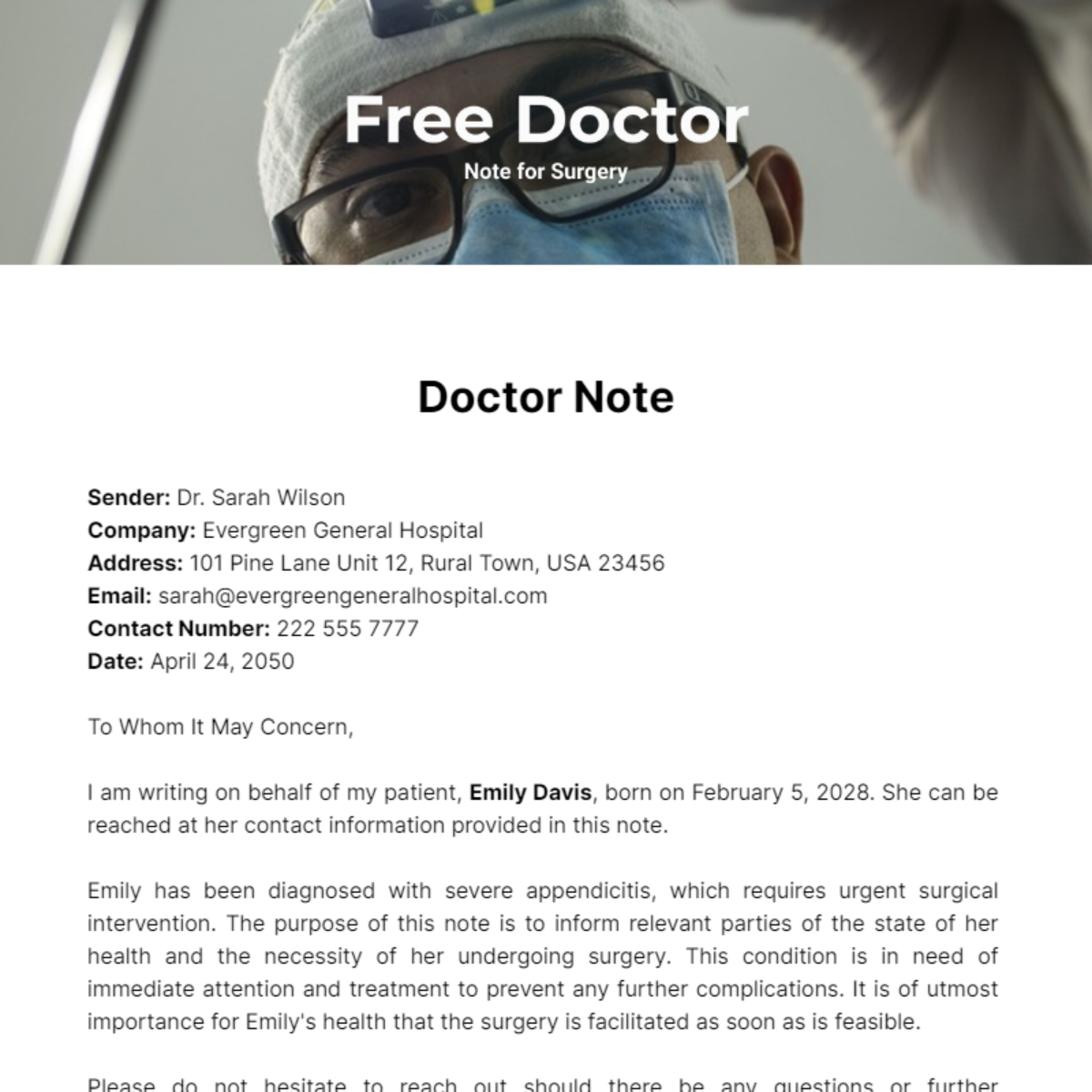 Doctor Note  For Surgery Template
