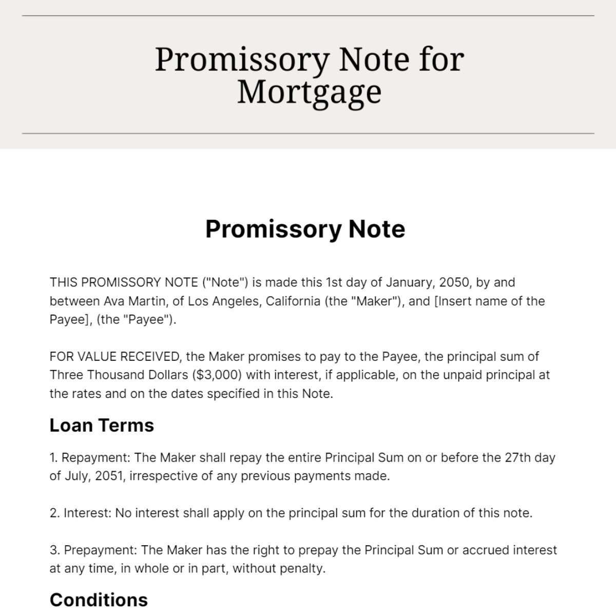 Promissory Note For Mortgage Template