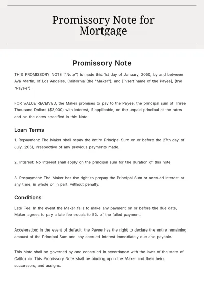 Free Promissory Note For Mortgage Template to Edit Online