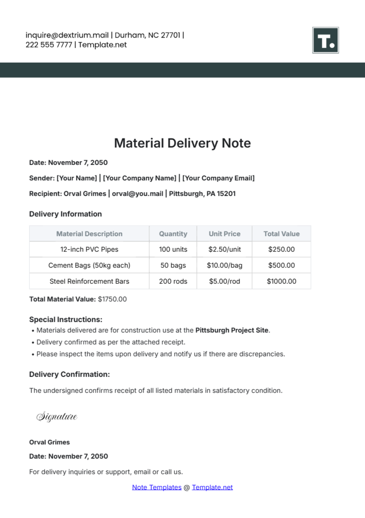 Material Delivery Note Template - Edit Online & Download