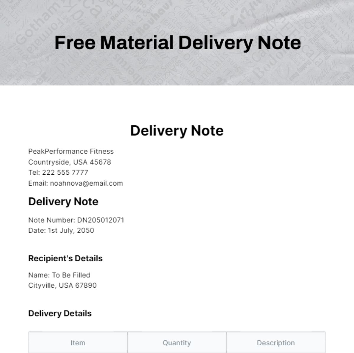 Free Material Delivery Note Template