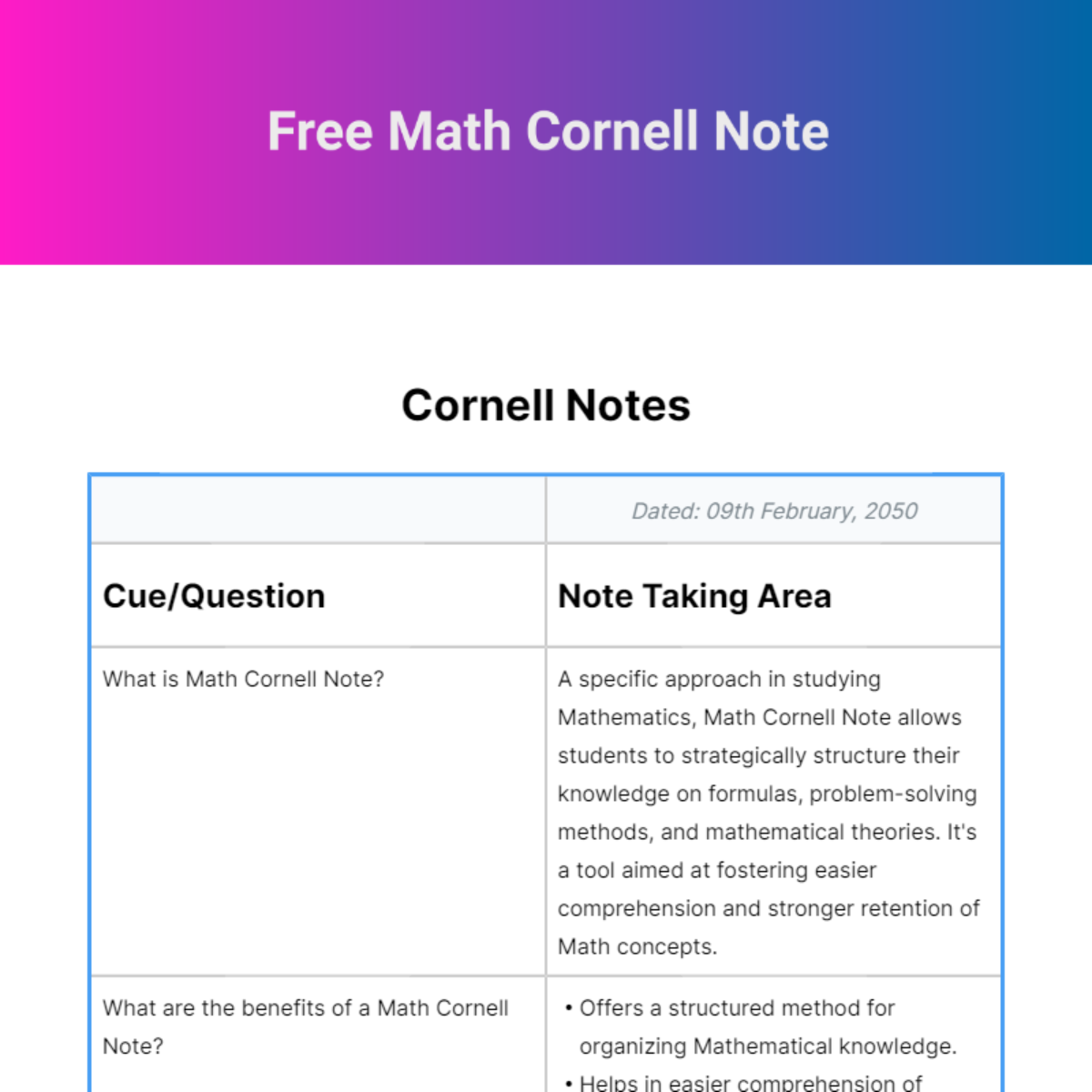Free Math Cornell Note Template