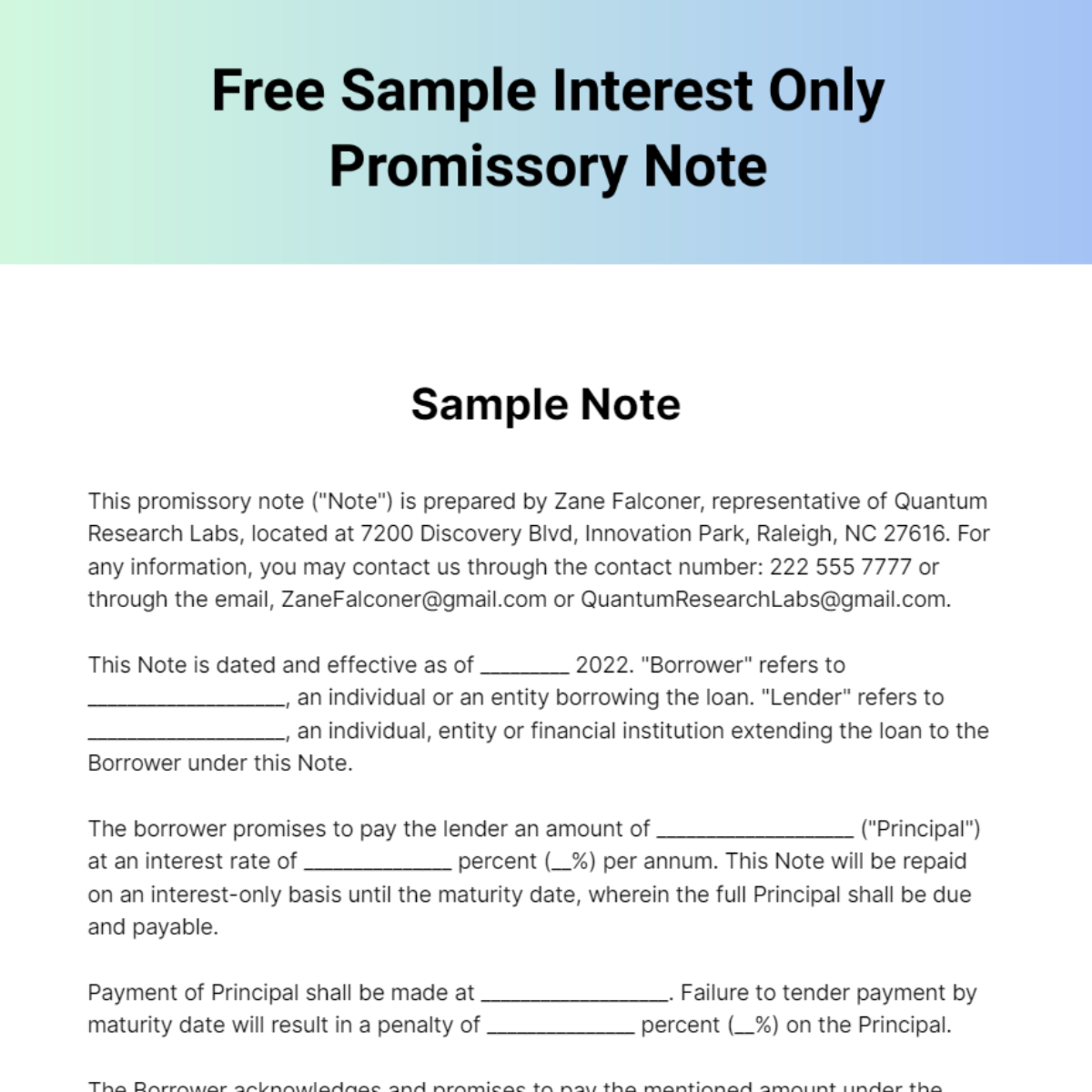 Free Sample Interest Only Promissory Note Template