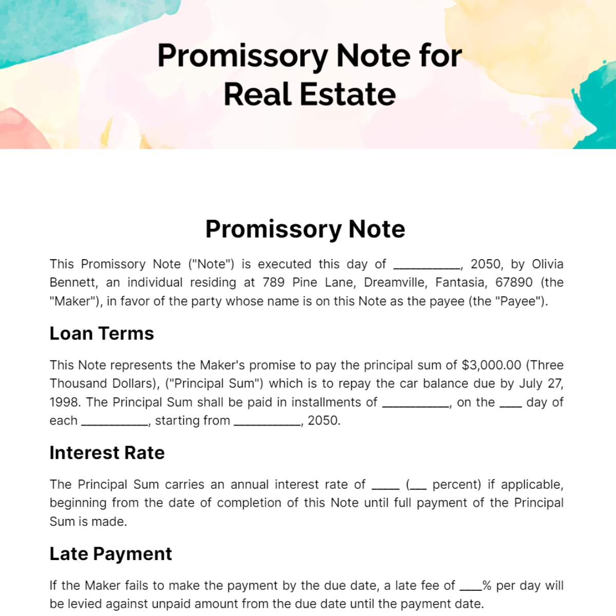 Promissory Note for Real Estate Template