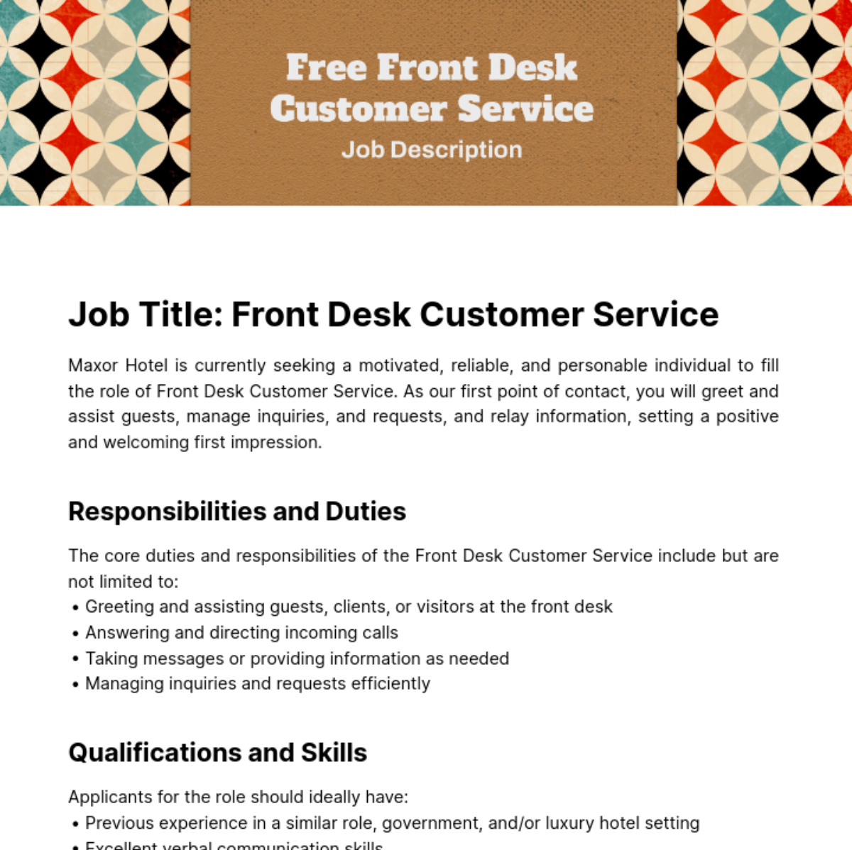 Free Front Desk Customer Service Job Description Template