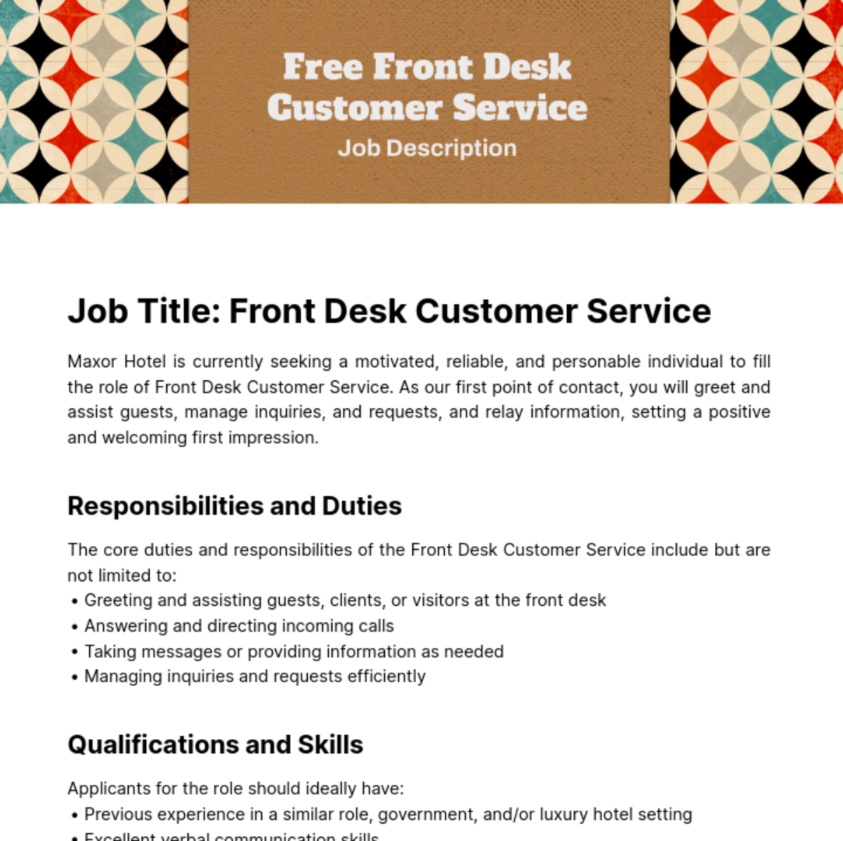 Front Desk Customer Service Job Description Template - Edit Online & Download