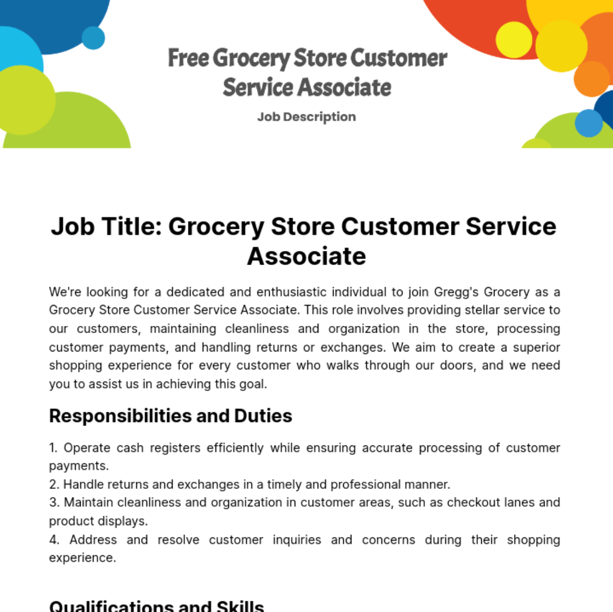 Grocery Store Customer Service Job Description Template