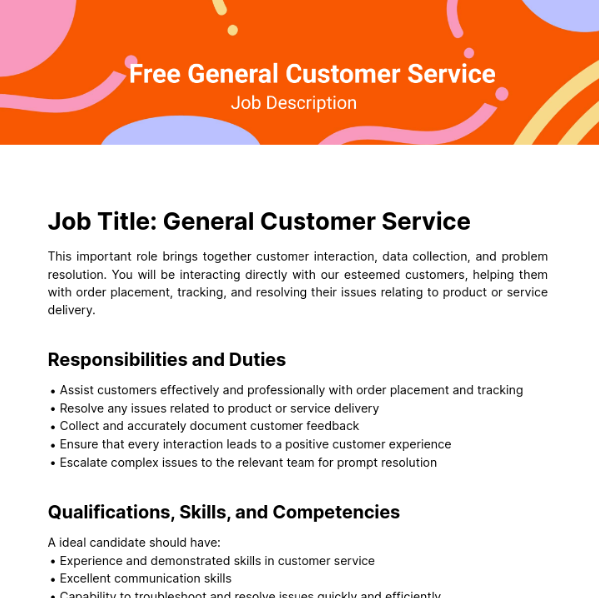 General Customer Service Job Description Template - Edit Online & Download