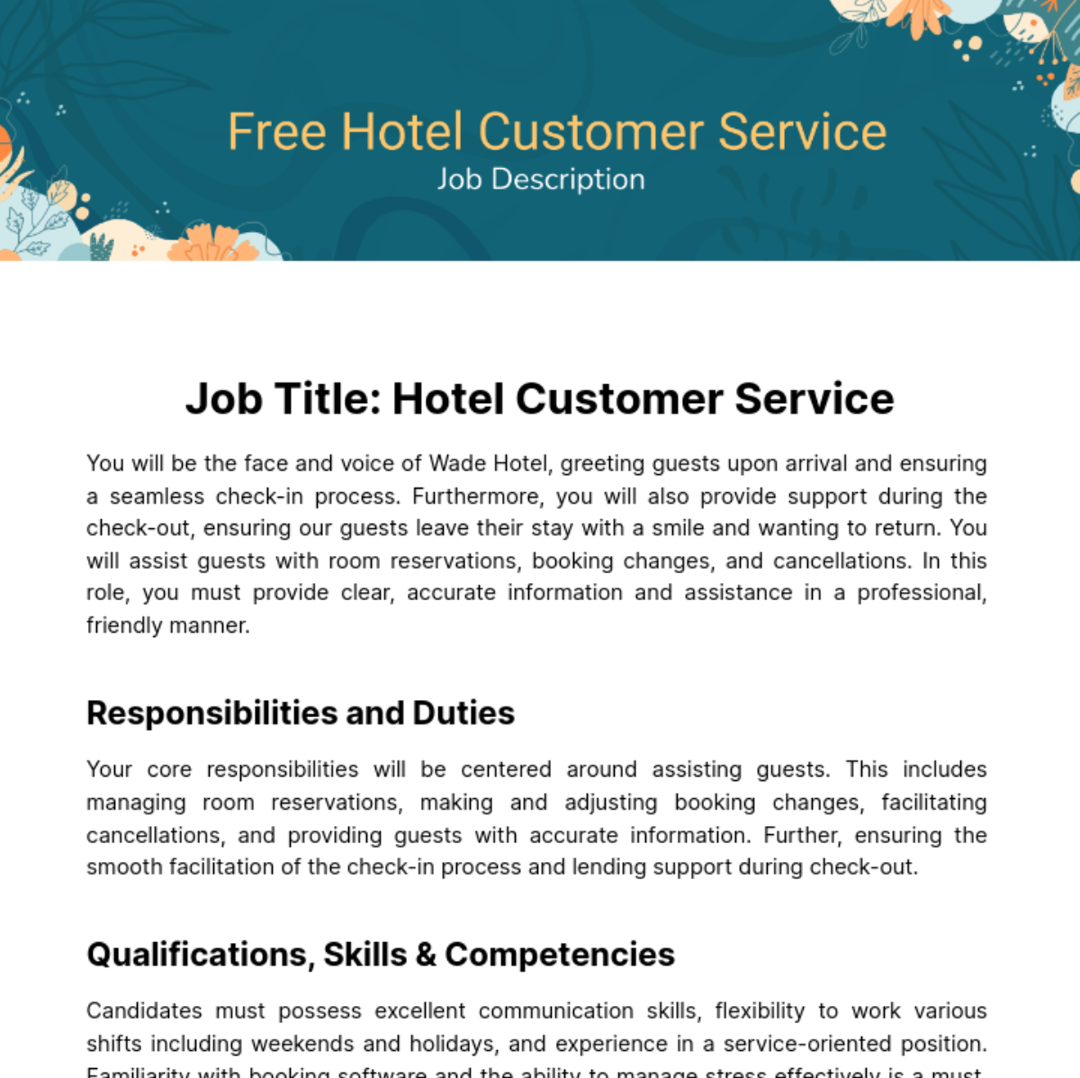 Hotel Customer Service Job Description Template