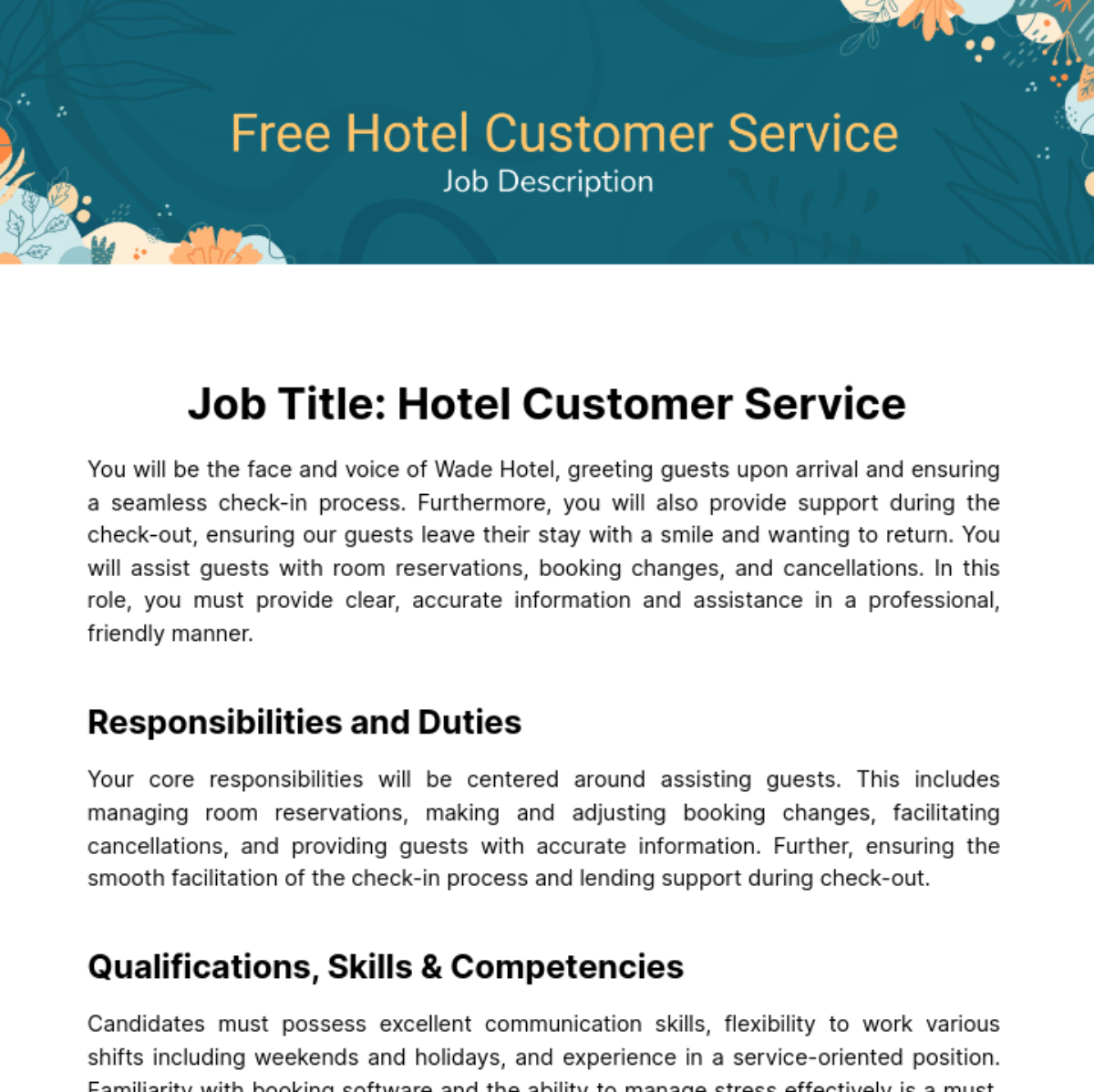 Hotel Customer Service Job Description Template - Edit Online & Download