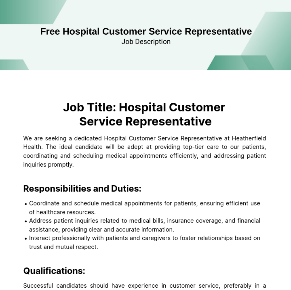 Hospital Customer Service Job Description Template
