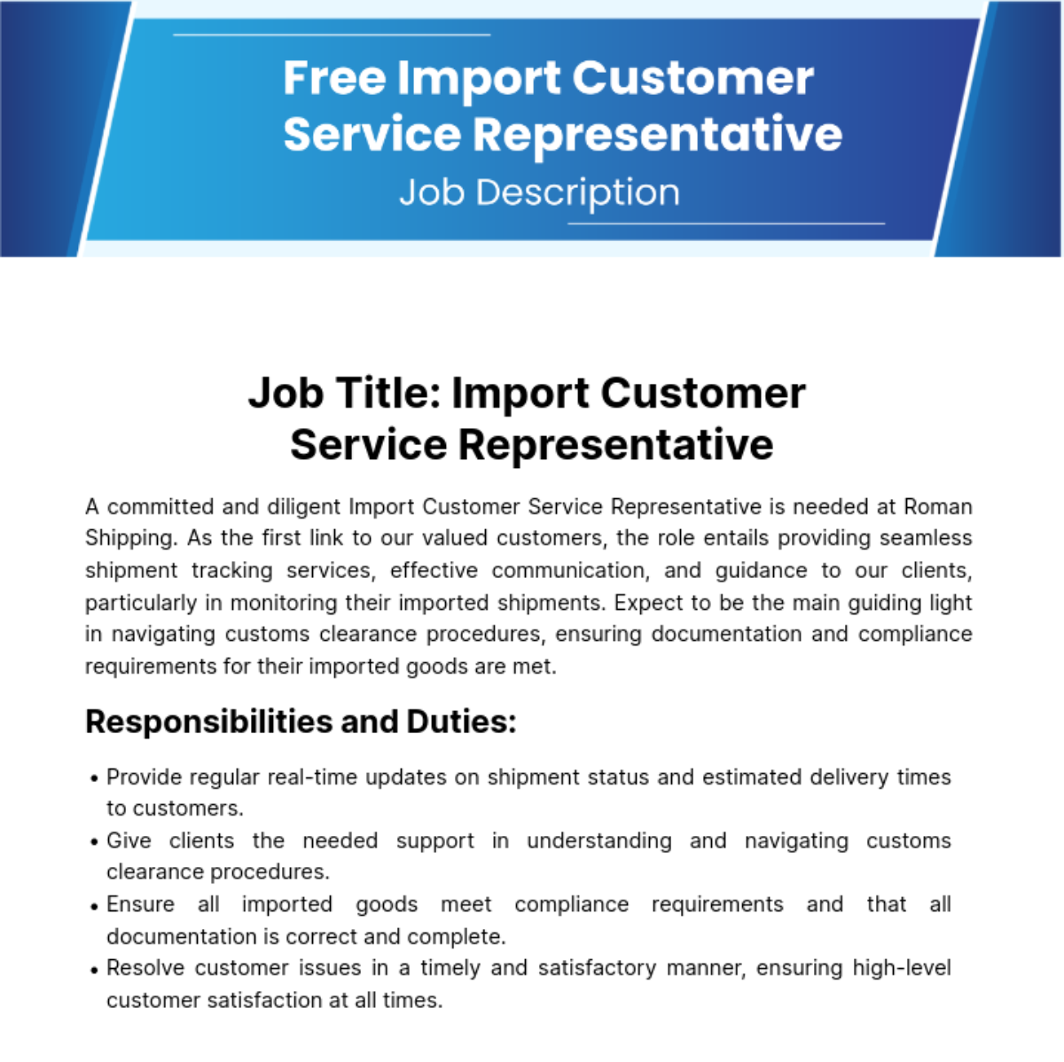 Free Import Customer Service Job Description Template
