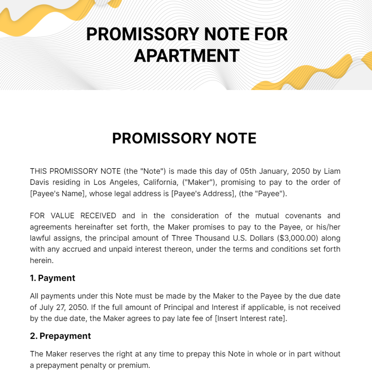Promissory Note For Apartment Template