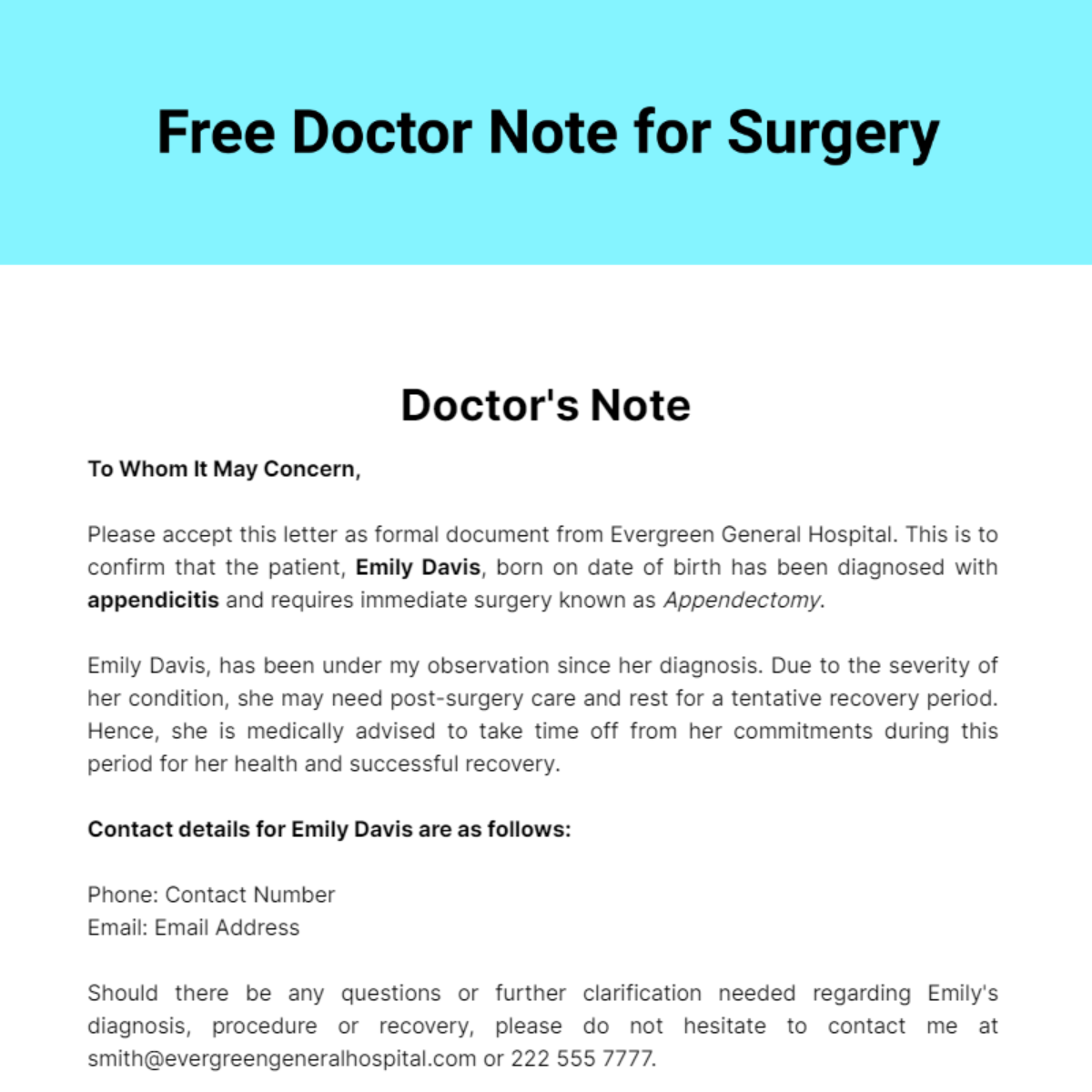 Doctor Note For Surgery Template