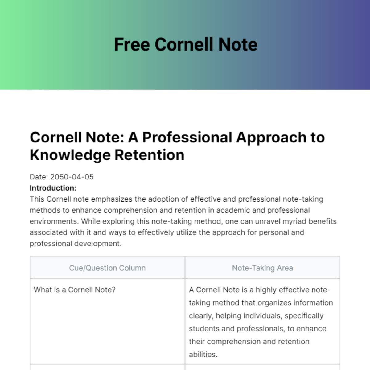 Free Cornell Note Template
