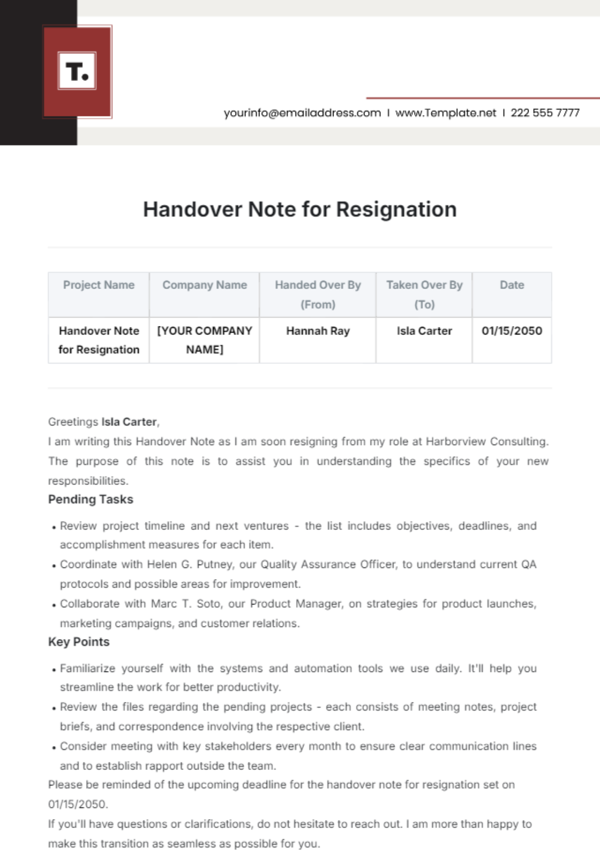 Handover Note for Resignation Template