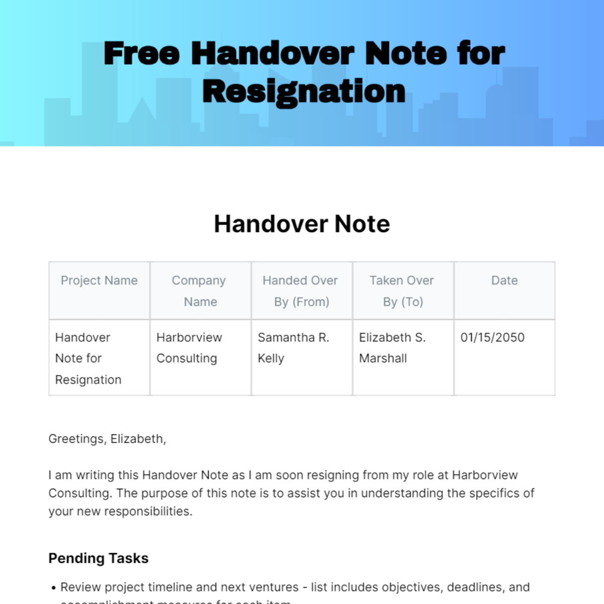 Free Handover Note for Resignation Template