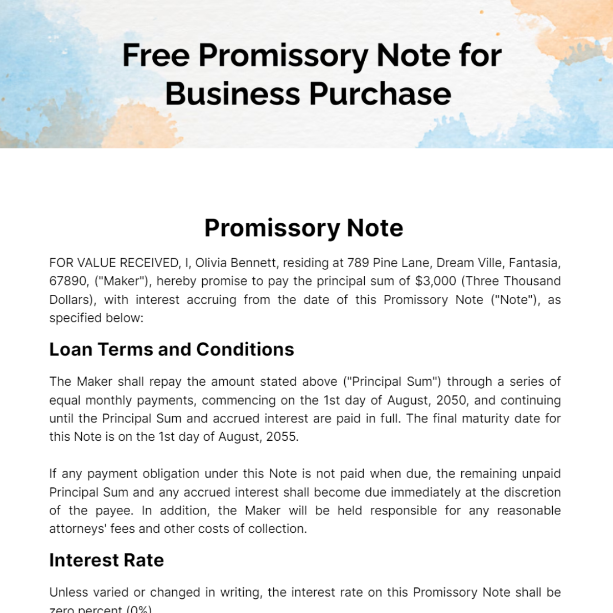 Promissory Note For Business Purchase Template
