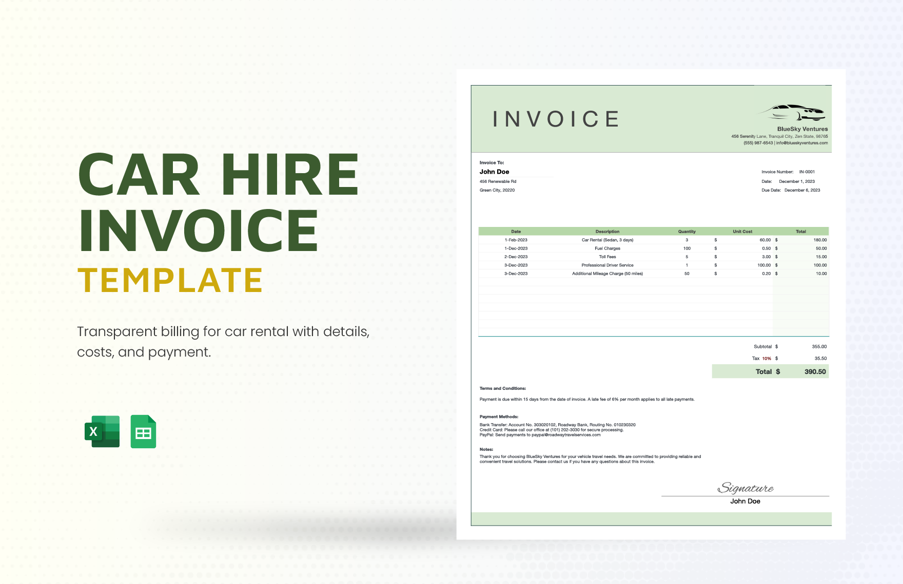 Car Hire Invoice Template in Excel, Google Sheets - Download | Template.net