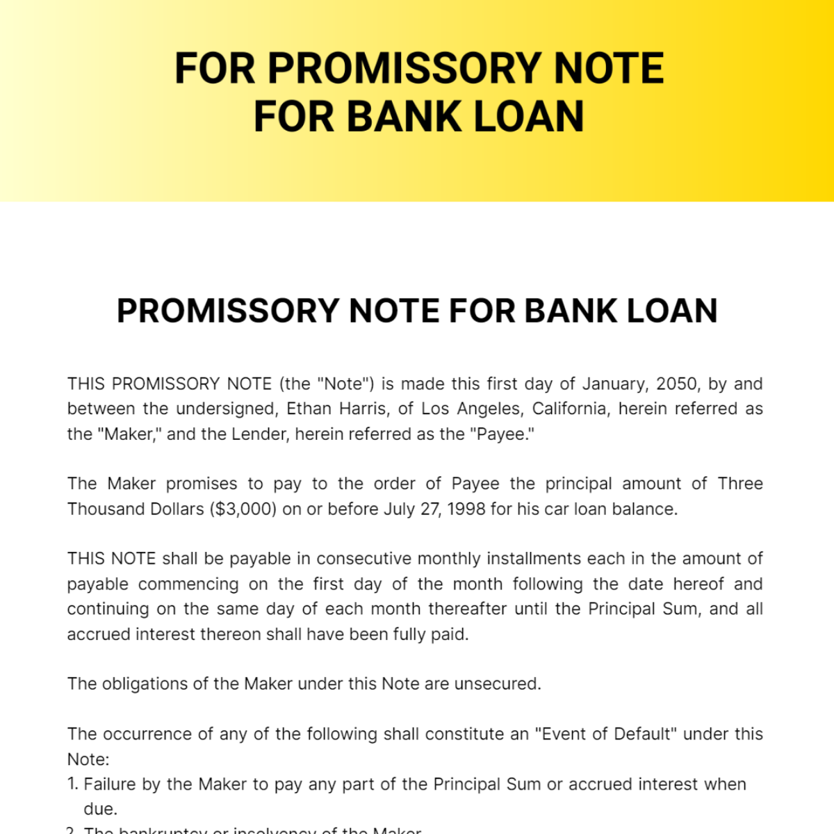 Promissory Note for Bank Loan Template