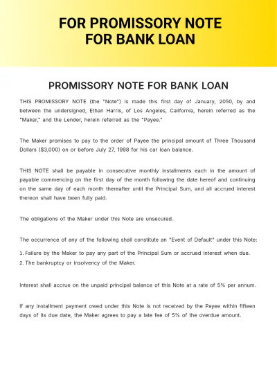 Free Promissory Note for Bank Loan Template to Edit Online