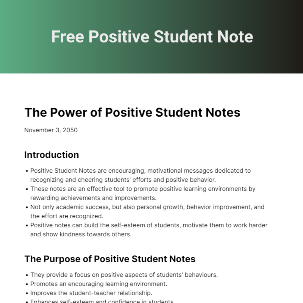 Positive Student Note Template