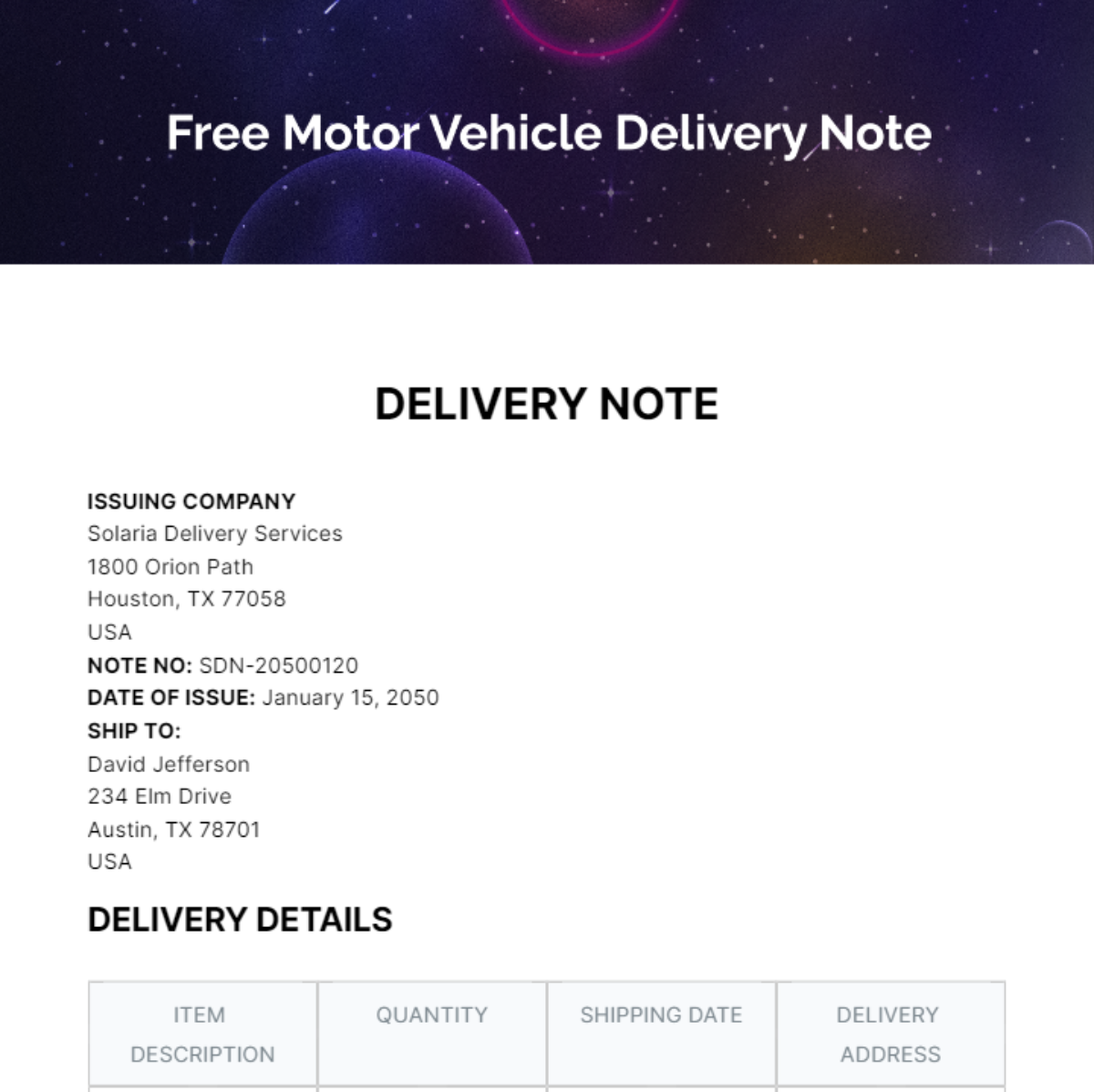 Motor Vehicle Delivery Note Template
