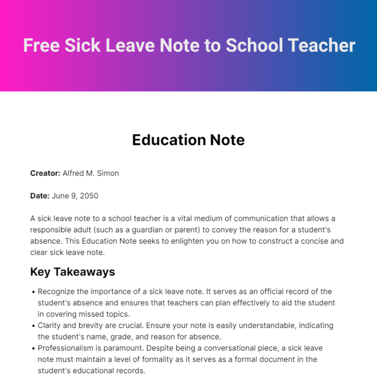 Free Sick Leave Note to School Teacher Template