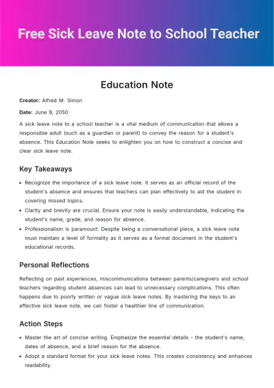 Free Sick Leave Note to School Teacher Template to Edit Online