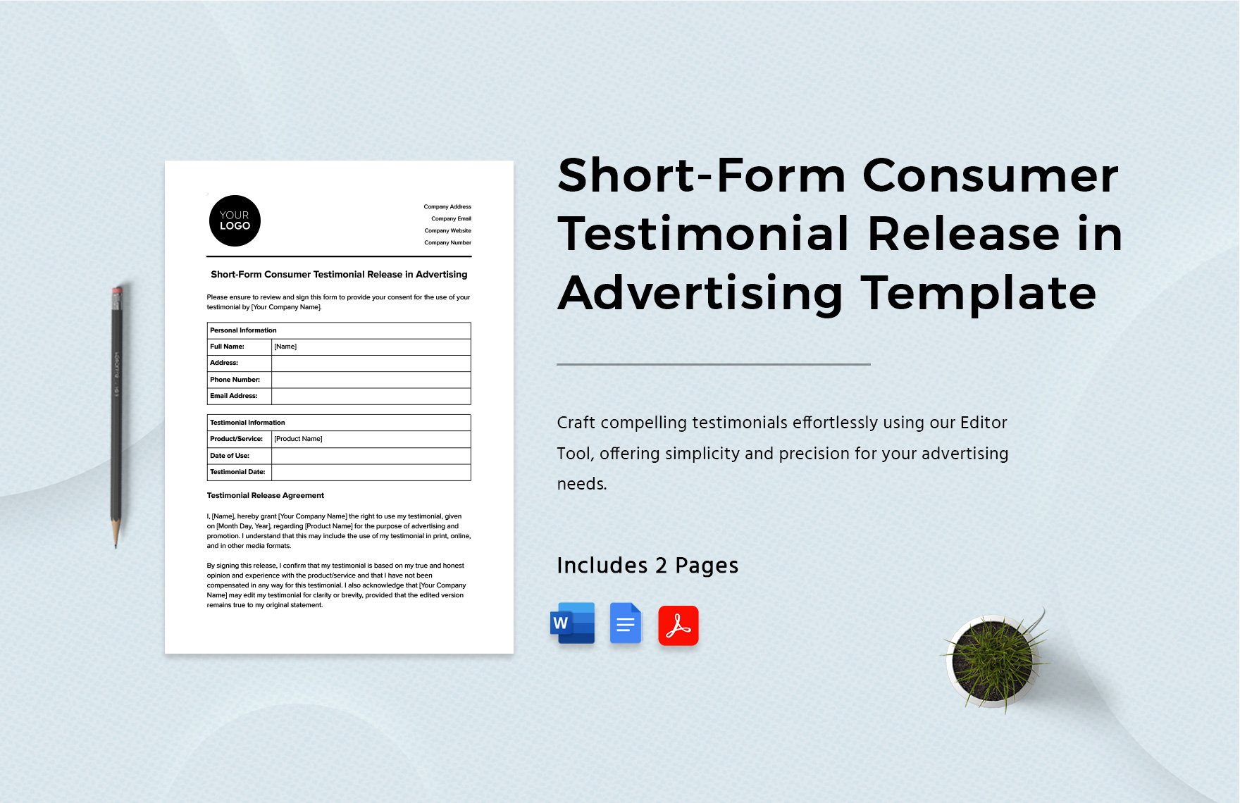 Short-Form Consumer Testimonial Release in Advertising Template in Word, Google Docs, PDF