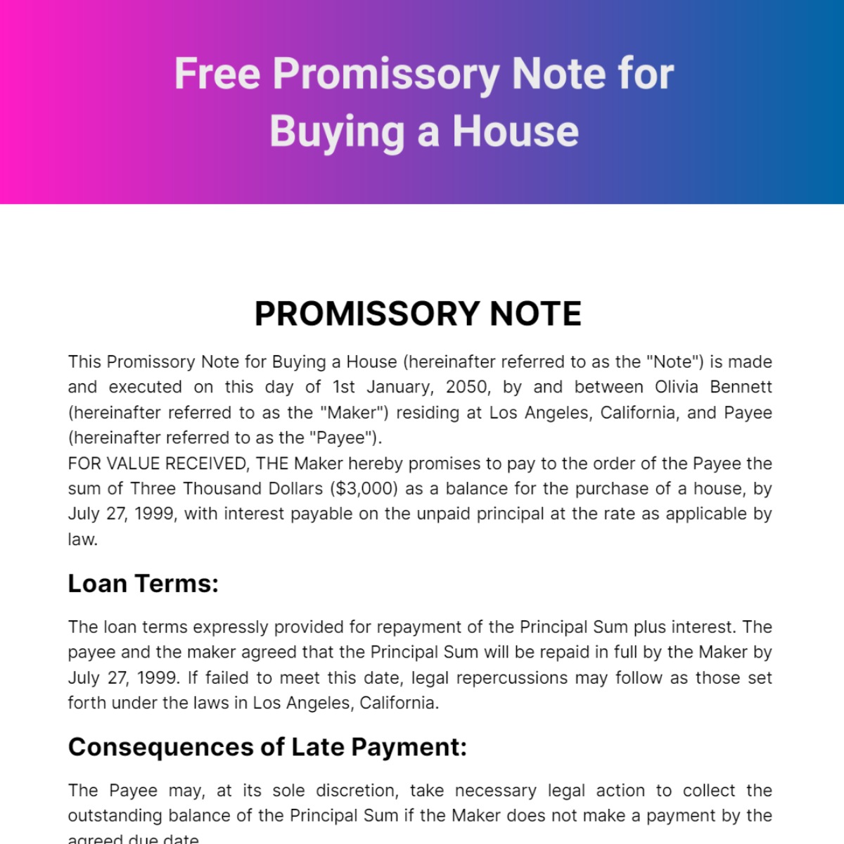 Promissory Note for Buying a House Template