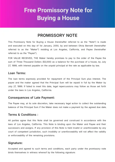 Free Promissory Note for Buying a House Template to Edit Online
