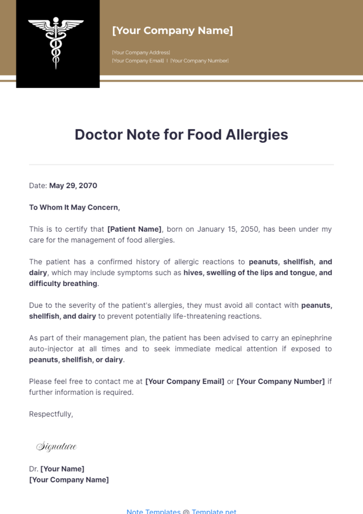 Doctor Note for Food Allergies Template - Edit Online & Download