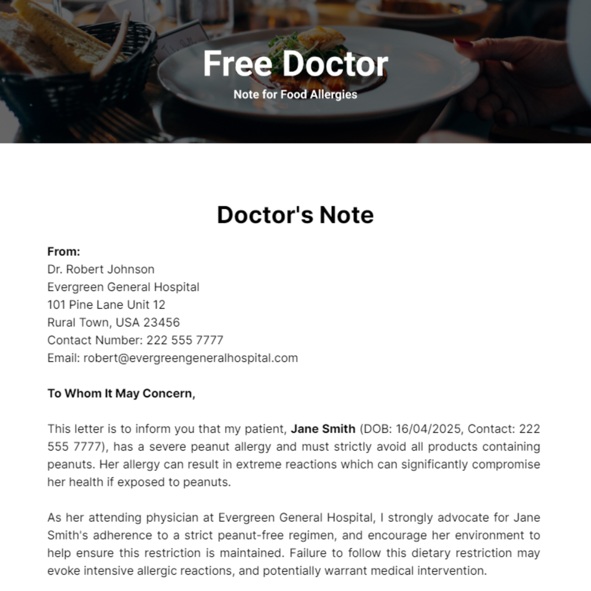 Doctor Note for Food Allergies Template