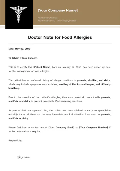 Free Doctor Note for Food Allergies Template to Edit Online