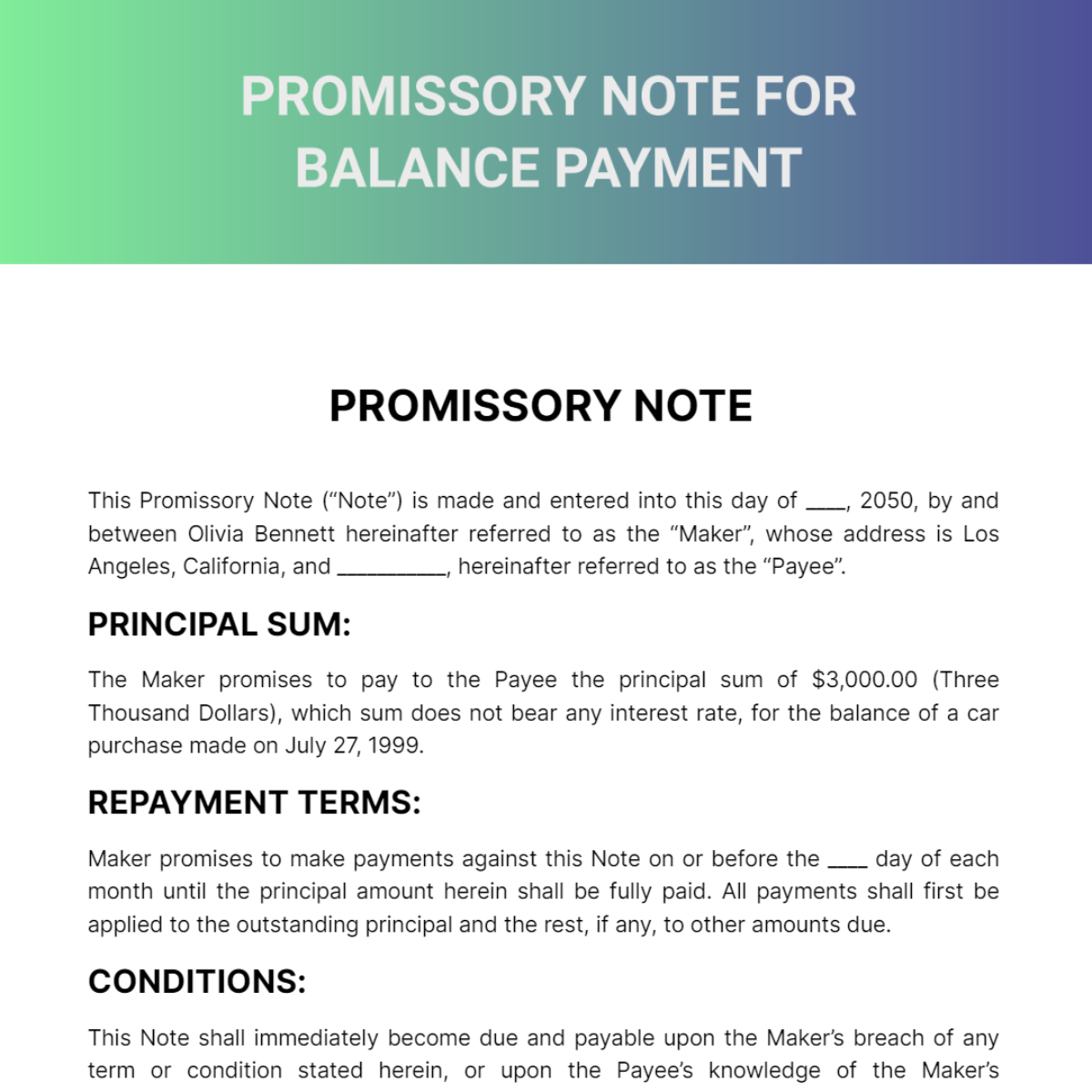 Promissory Note for Balance Payment Template