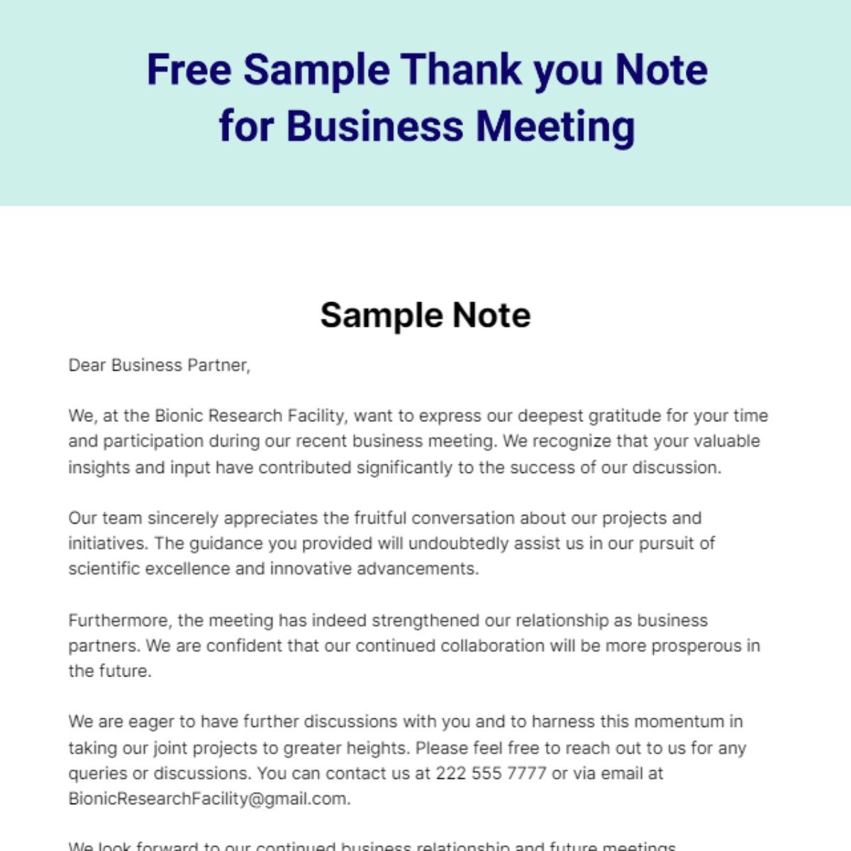 Free Sample Thank you Note for Business Meeting Template
