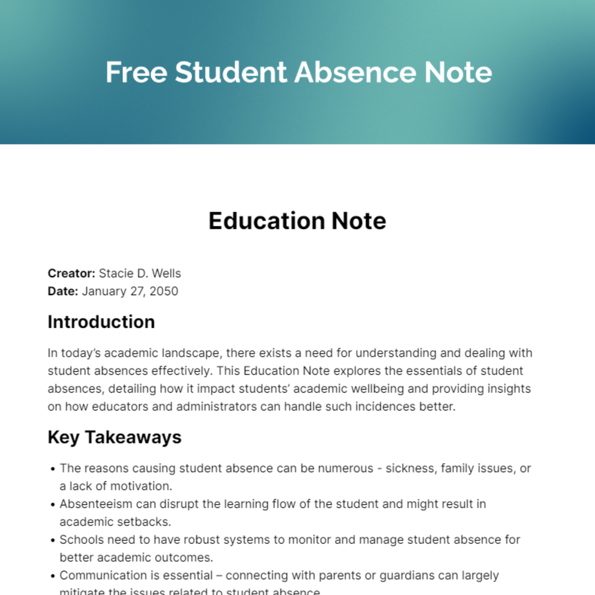 Free Student Absence Note Template