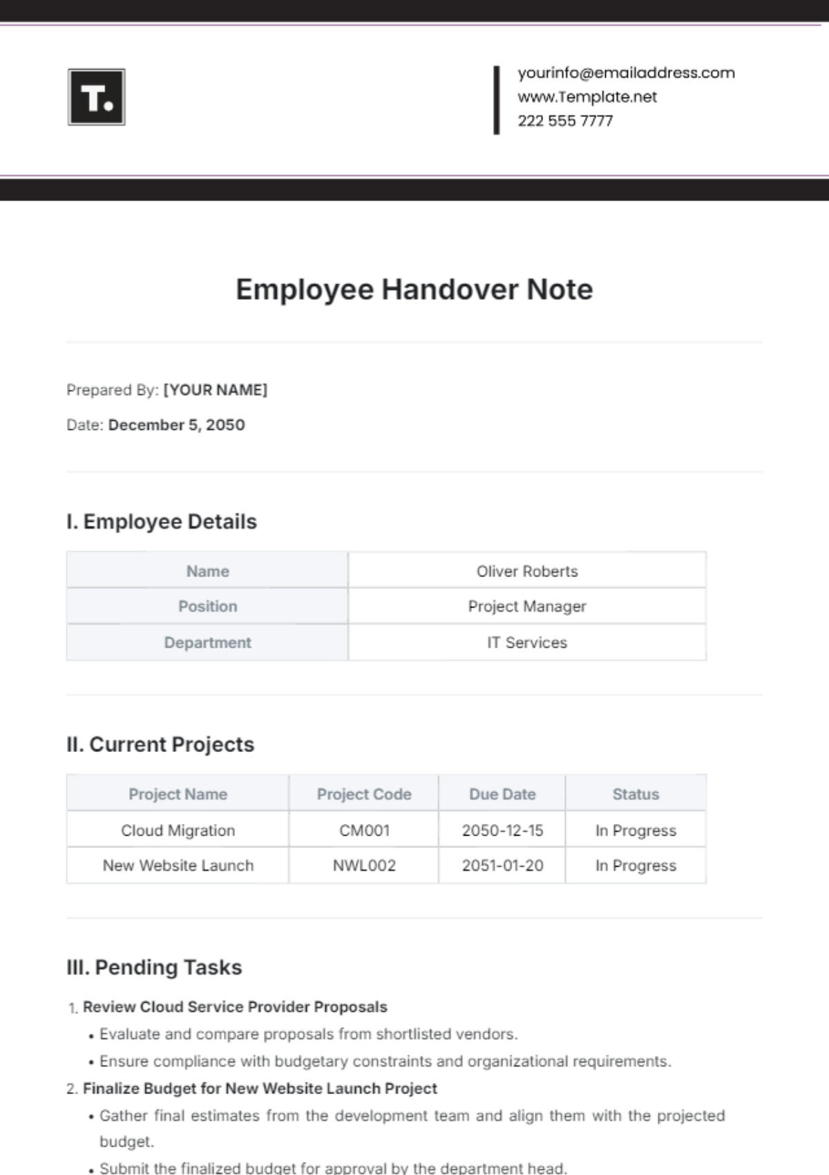 Employee Handover Note Template