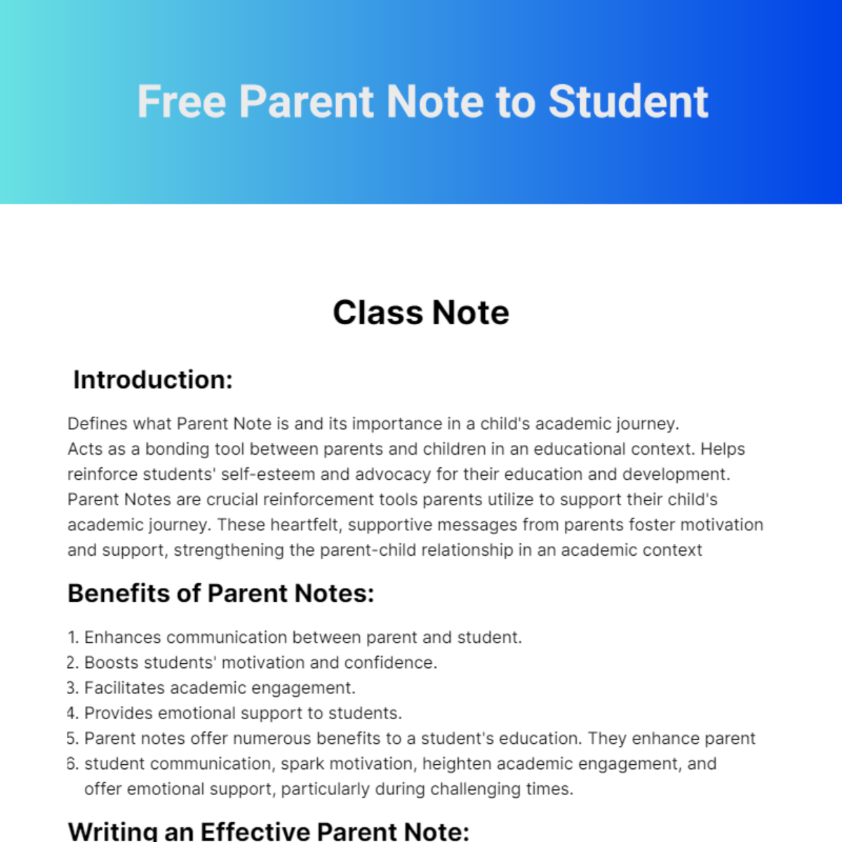 Free Parent Note to Student Template