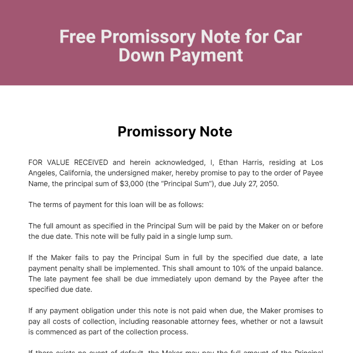 Promissory Note for Car Down Payment Template