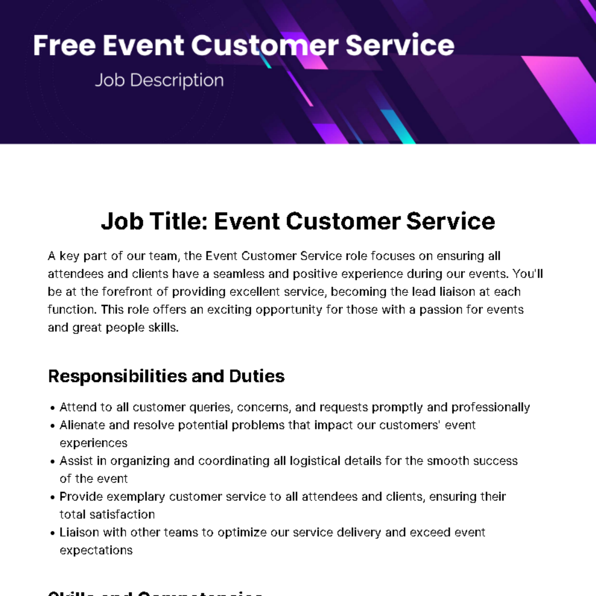Free Event Customer Service Job Description Template