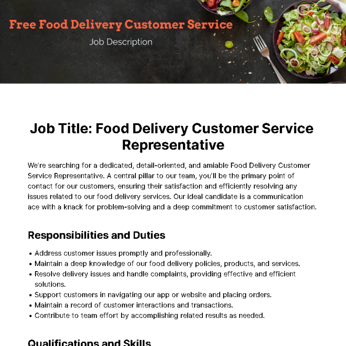 Free Food Delivery Customer Service Job Description Template