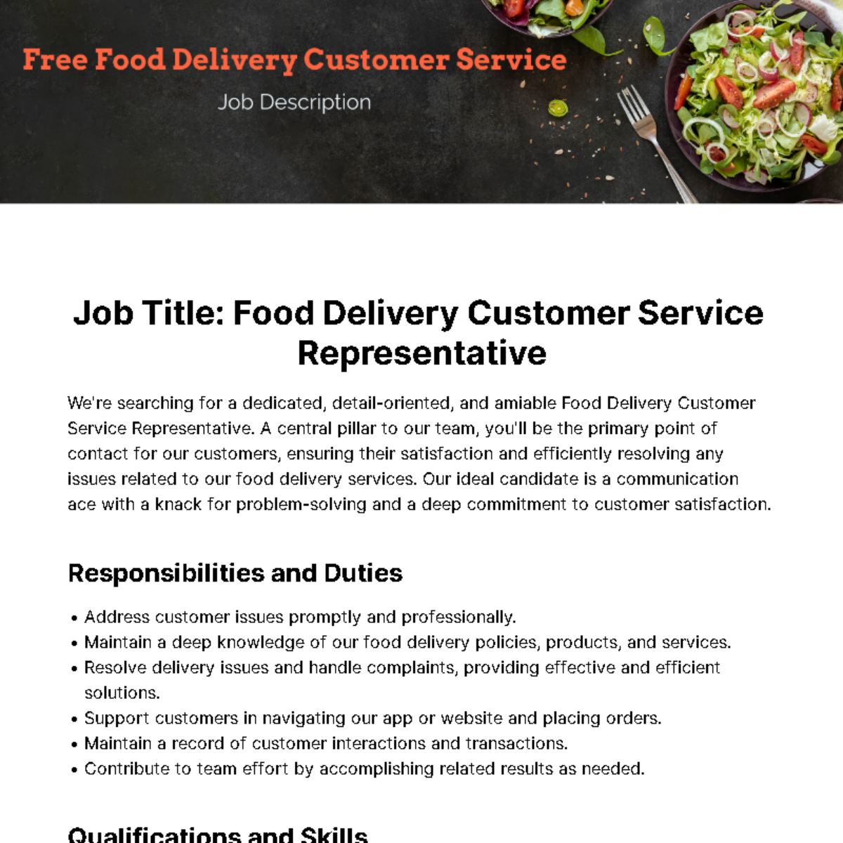 Free Food Delivery Customer Service Job Description Template Edit 