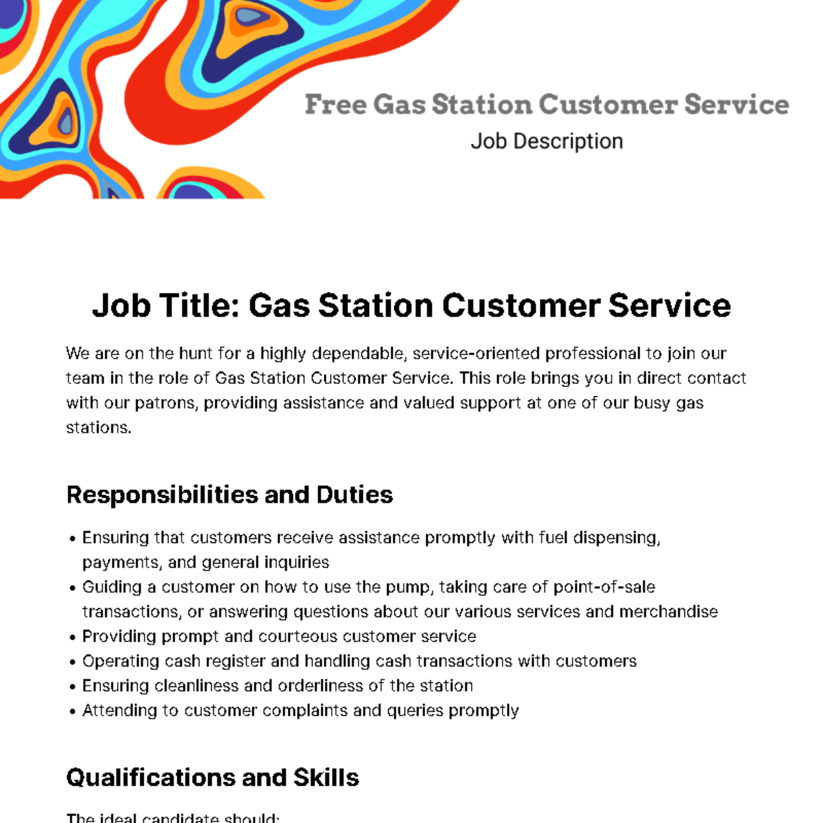 Gas Station Customer Service Job Description Template